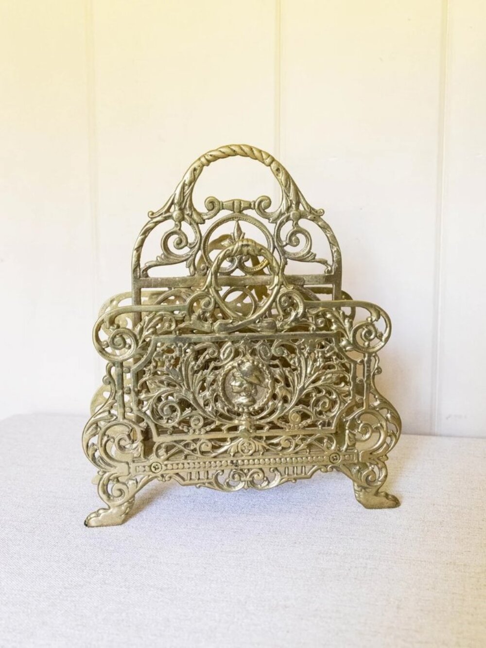 Vintage Large Brass Mail Holder Magazine Rack with Cameo-Style Relief
